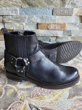 Frye Black Leather Harness Ankle Boots